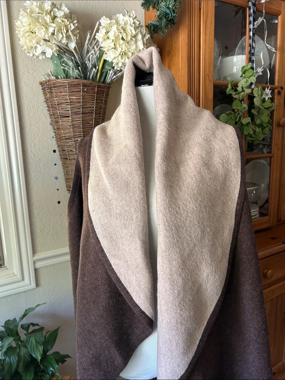 Reversible Brown and Cream Shawl-Collar Wrap